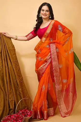 orange organza sequin saree