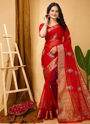 dark red organza sequin saree 1