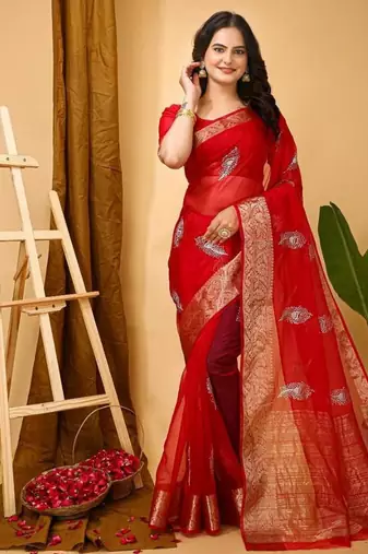 dark red organza sequin saree