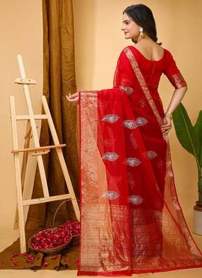 dark red organza sequin saree 2