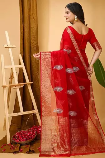 dark red organza sequin saree