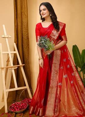 dark red organza sequin saree 3