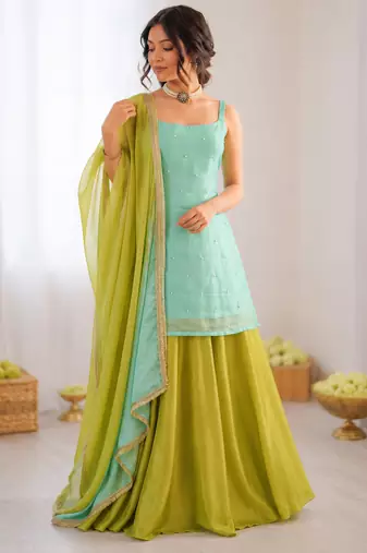 Mint green chinon silk thread with sequin palazzo suit