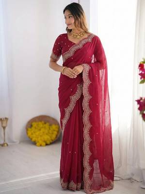 rani pink georgette zari embroidered saree with blouse 1