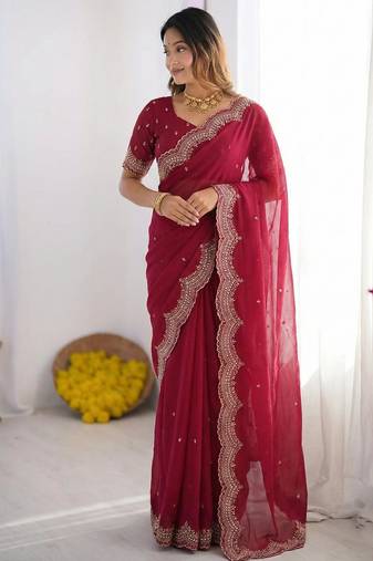 rani pink georgette zari embroidered saree with blouse