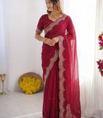 rani pink georgette zari embroidered saree with blouse