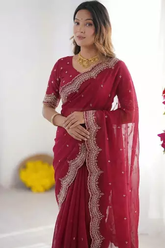 rani pink georgette zari embroidered saree with blouse