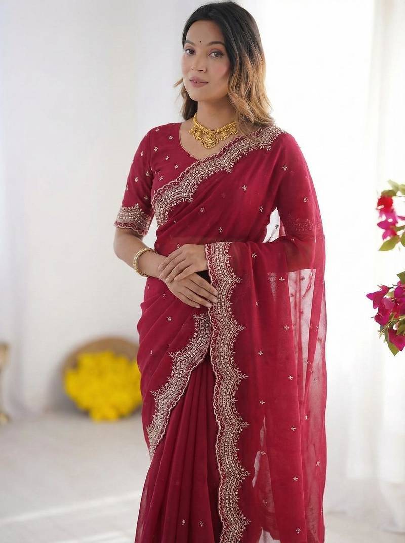 rani pink georgette zari embroidered saree with blouse
