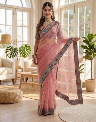 Pink organza silk saree with embroidery work & lace border 1