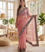 Pink organza silk saree with embroidery work & lace border