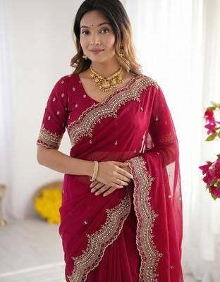 rani pink georgette zari embroidered saree with blouse 3