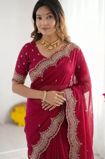 rani pink georgette zari embroidered saree with blouse