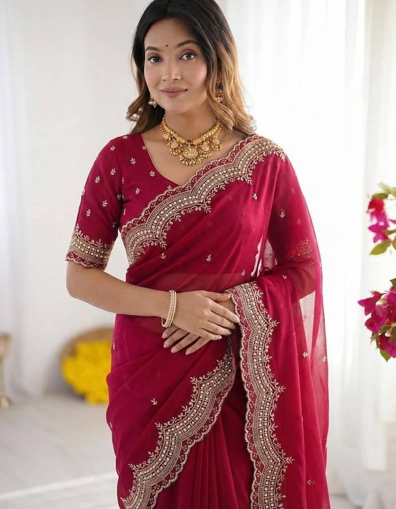 rani pink georgette zari embroidered saree with blouse