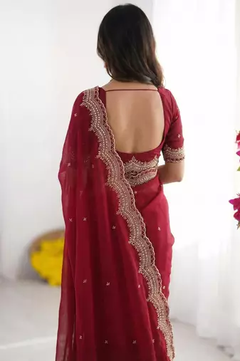 rani pink georgette zari embroidered saree with blouse