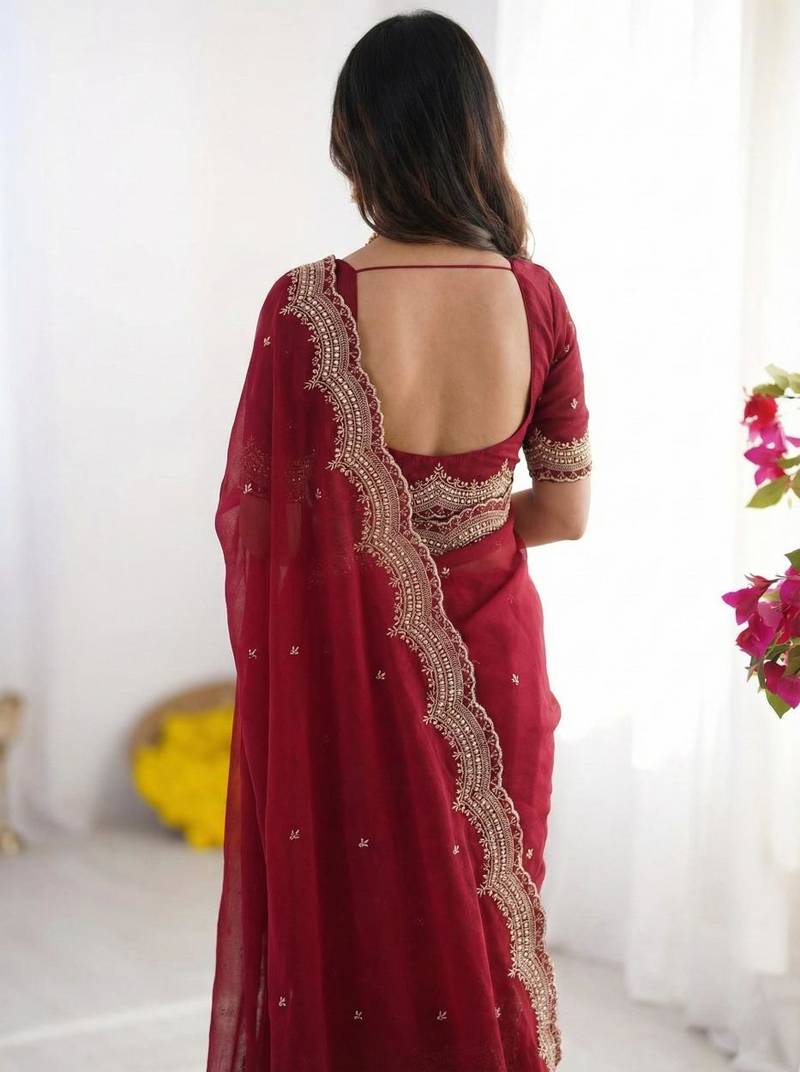 rani pink georgette zari embroidered saree with blouse