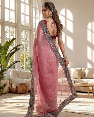 Pink organza silk saree with embroidery work & lace border 2