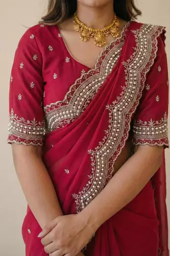 rani pink georgette zari embroidered saree with blouse