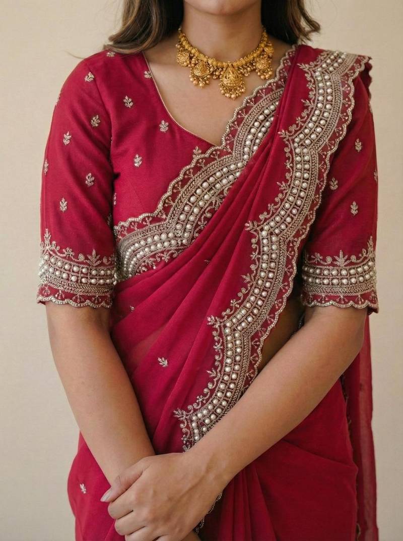 rani pink georgette zari embroidered saree with blouse