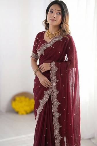 maroon georgette zari embroidered saree with blouse