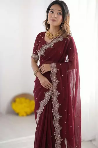 maroon georgette zari embroidered saree with blouse