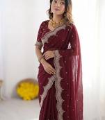 maroon georgette zari embroidered saree with blouse