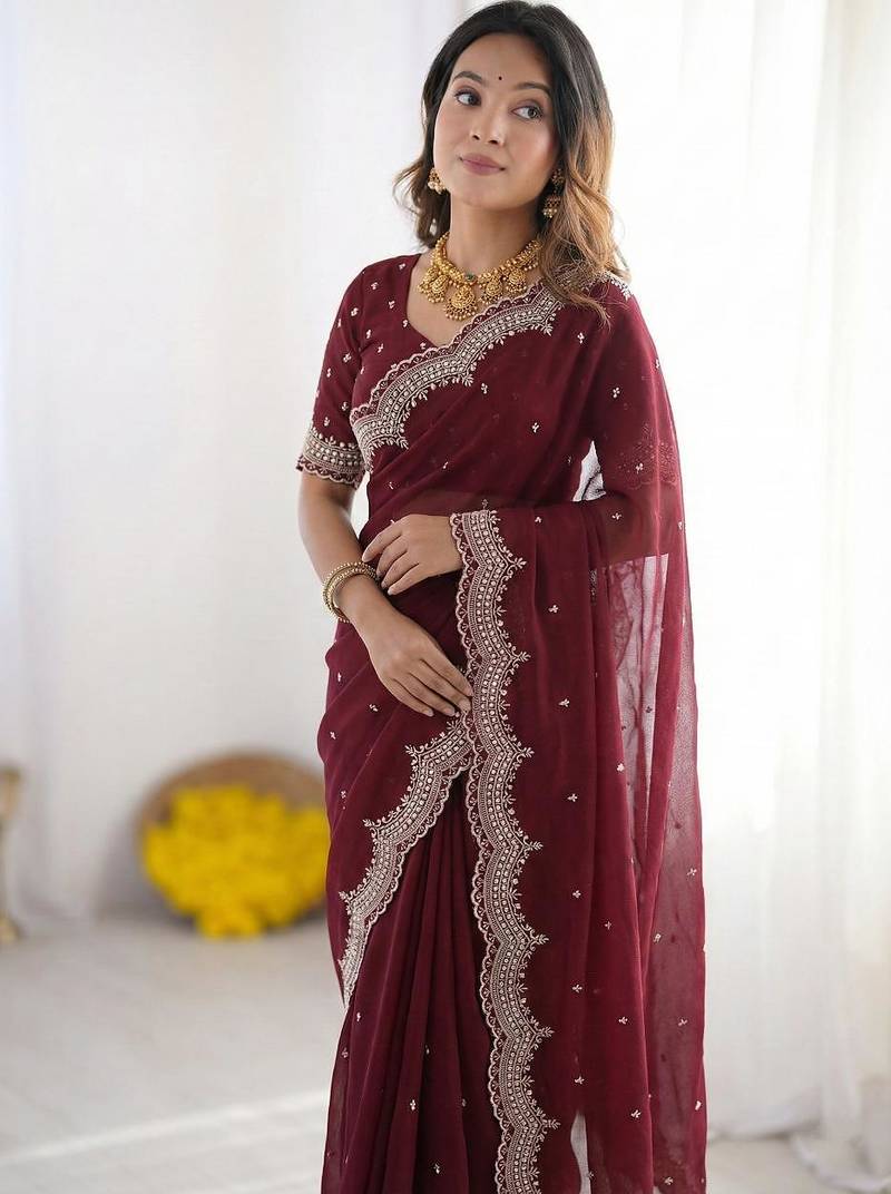 maroon georgette zari embroidered saree with blouse