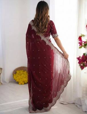 maroon georgette zari embroidered saree with blouse 2