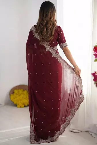 maroon georgette zari embroidered saree with blouse