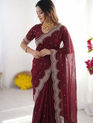maroon georgette zari embroidered saree with blouse 3