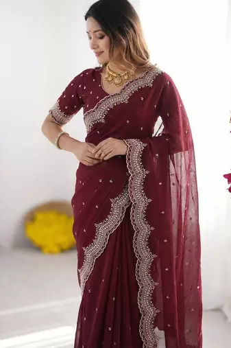 maroon georgette zari embroidered saree with blouse