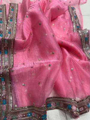 Pink organza silk saree with embroidery work & lace border 3