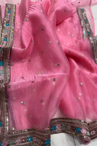 Pink organza silk saree with embroidery work & lace border