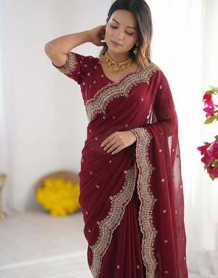 maroon georgette zari embroidered saree with blouse 4
