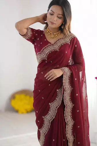 maroon georgette zari embroidered saree with blouse