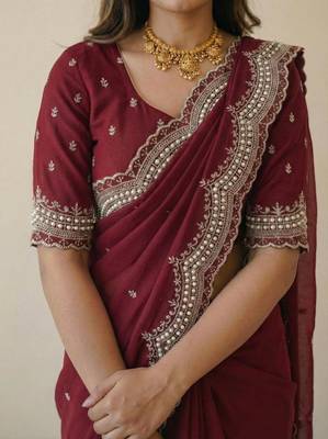 maroon georgette zari embroidered saree with blouse 5
