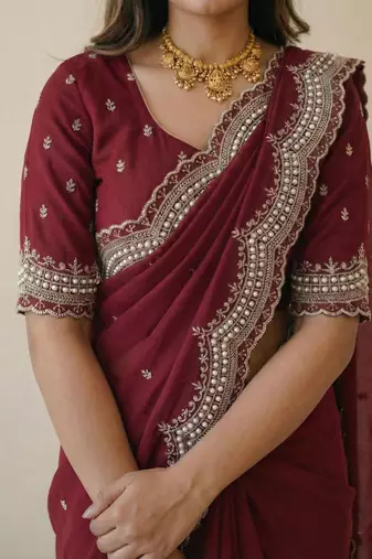 maroon georgette zari embroidered saree with blouse