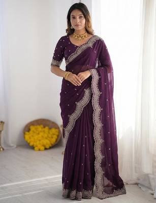 purple georgette zari embroidered saree with blouse 1