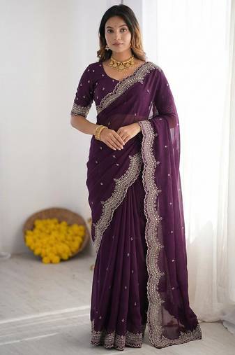 purple georgette zari embroidered saree with blouse