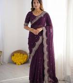 purple georgette zari embroidered saree with blouse