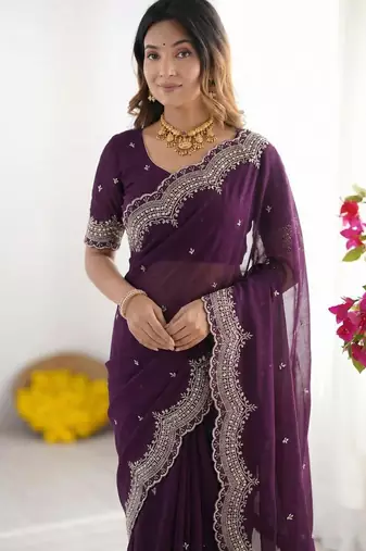 purple georgette zari embroidered saree with blouse