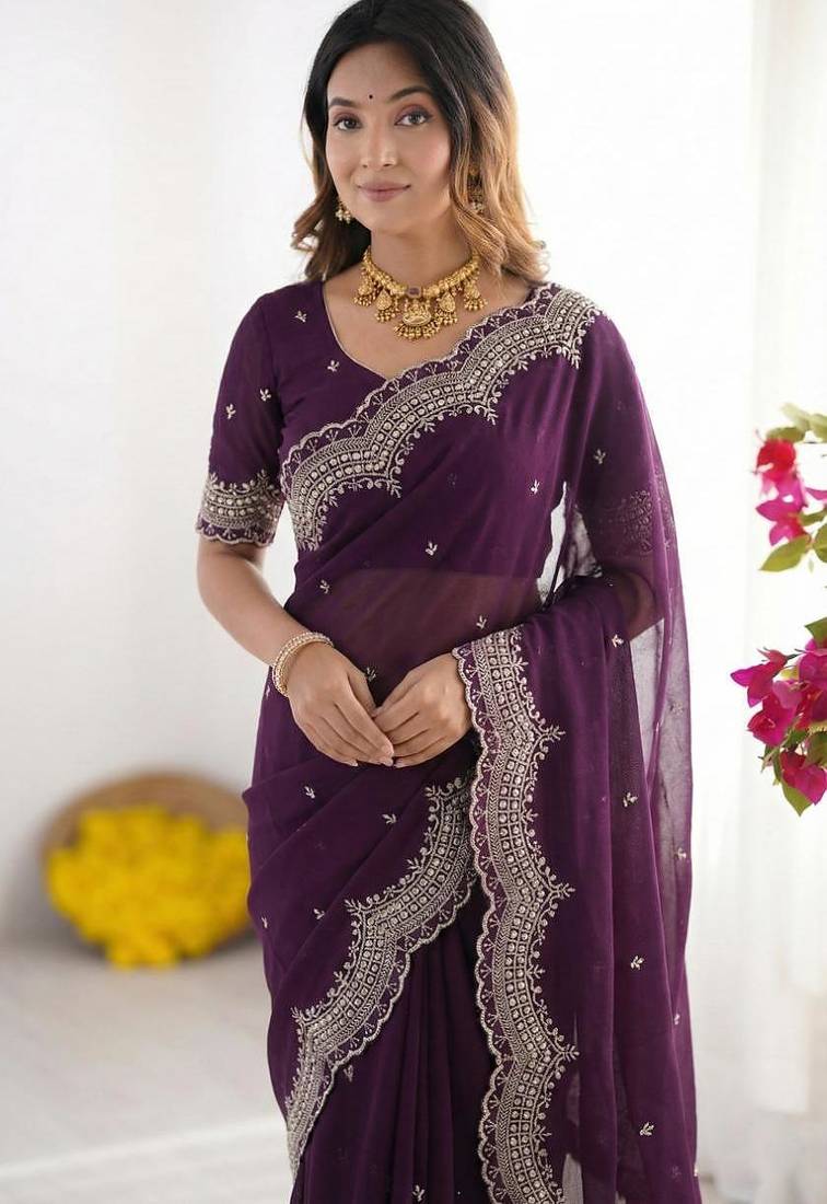 purple georgette zari embroidered saree with blouse