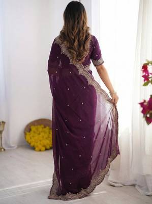 purple georgette zari embroidered saree with blouse 3