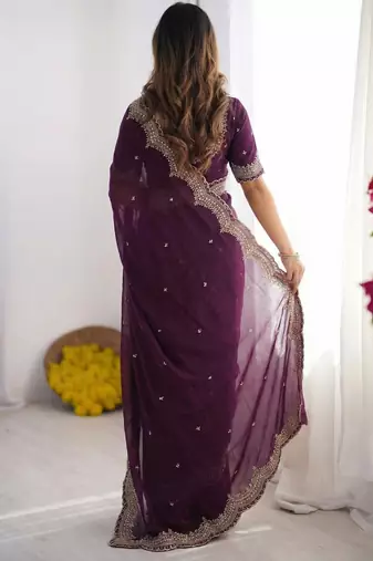 purple georgette zari embroidered saree with blouse