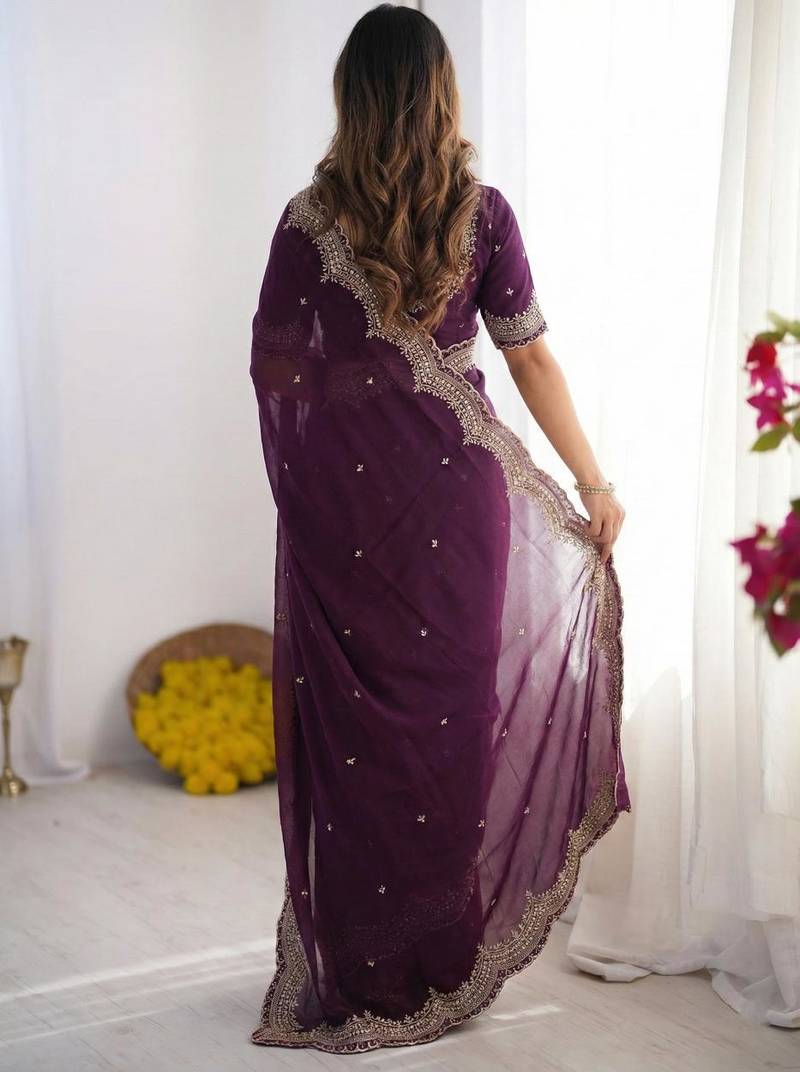 purple georgette zari embroidered saree with blouse