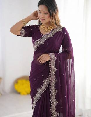purple georgette zari embroidered saree with blouse 4