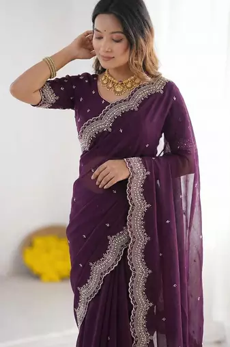 purple georgette zari embroidered saree with blouse