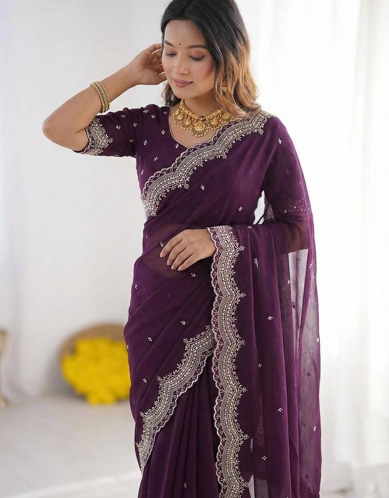 purple georgette zari embroidered saree with blouse