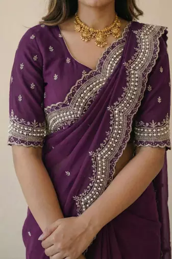 purple georgette zari embroidered saree with blouse