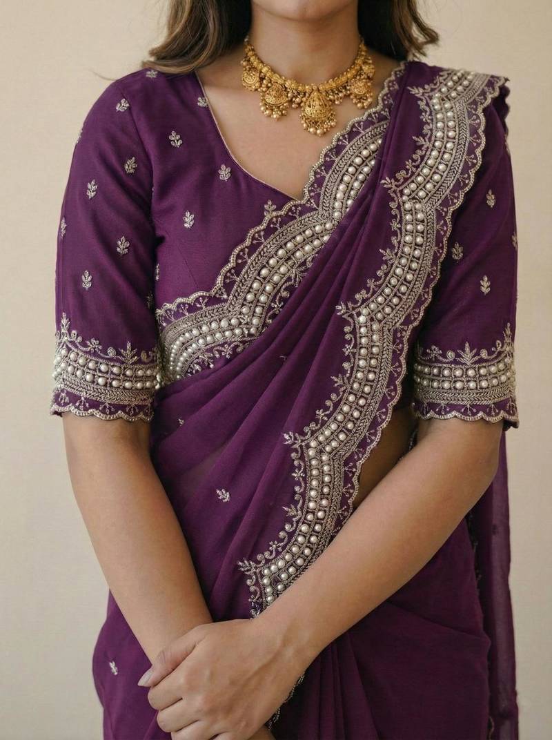 purple georgette zari embroidered saree with blouse