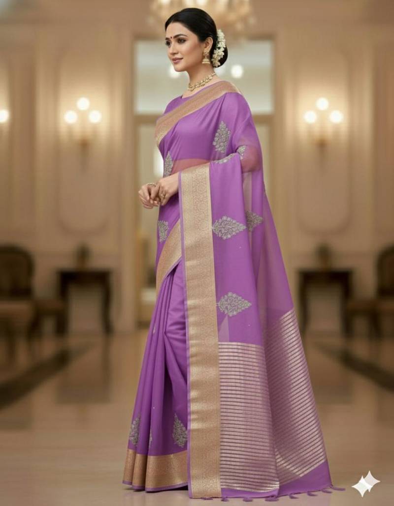 levender organza embroidered saree